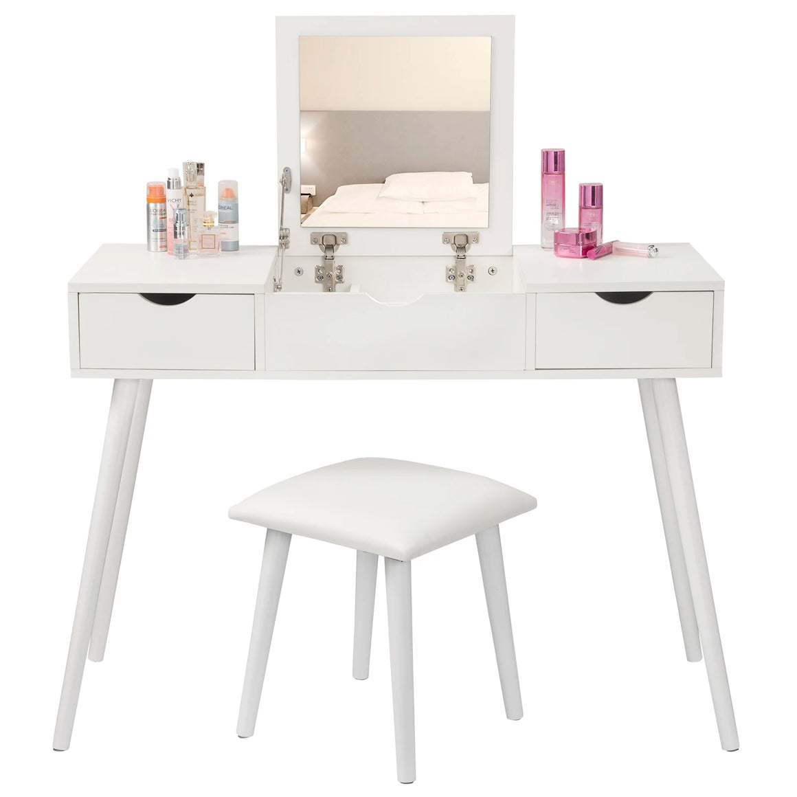 White Vanity Table with Folding Mirror & Stool