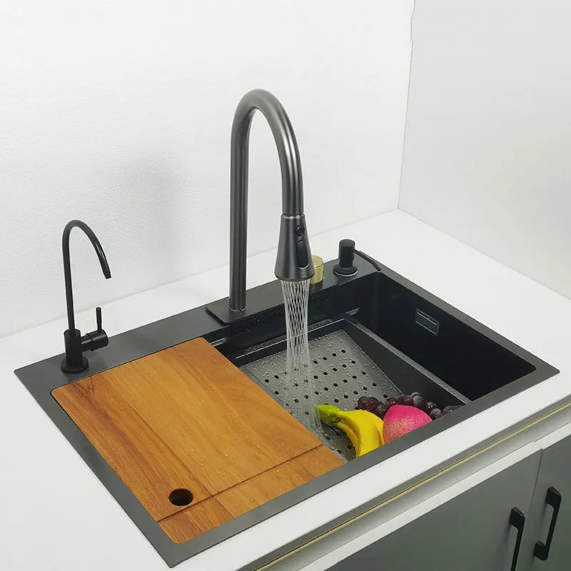 Gun Grey Kitchen Sink – Nano 304 Stainless Steel with Waterfall Faucet