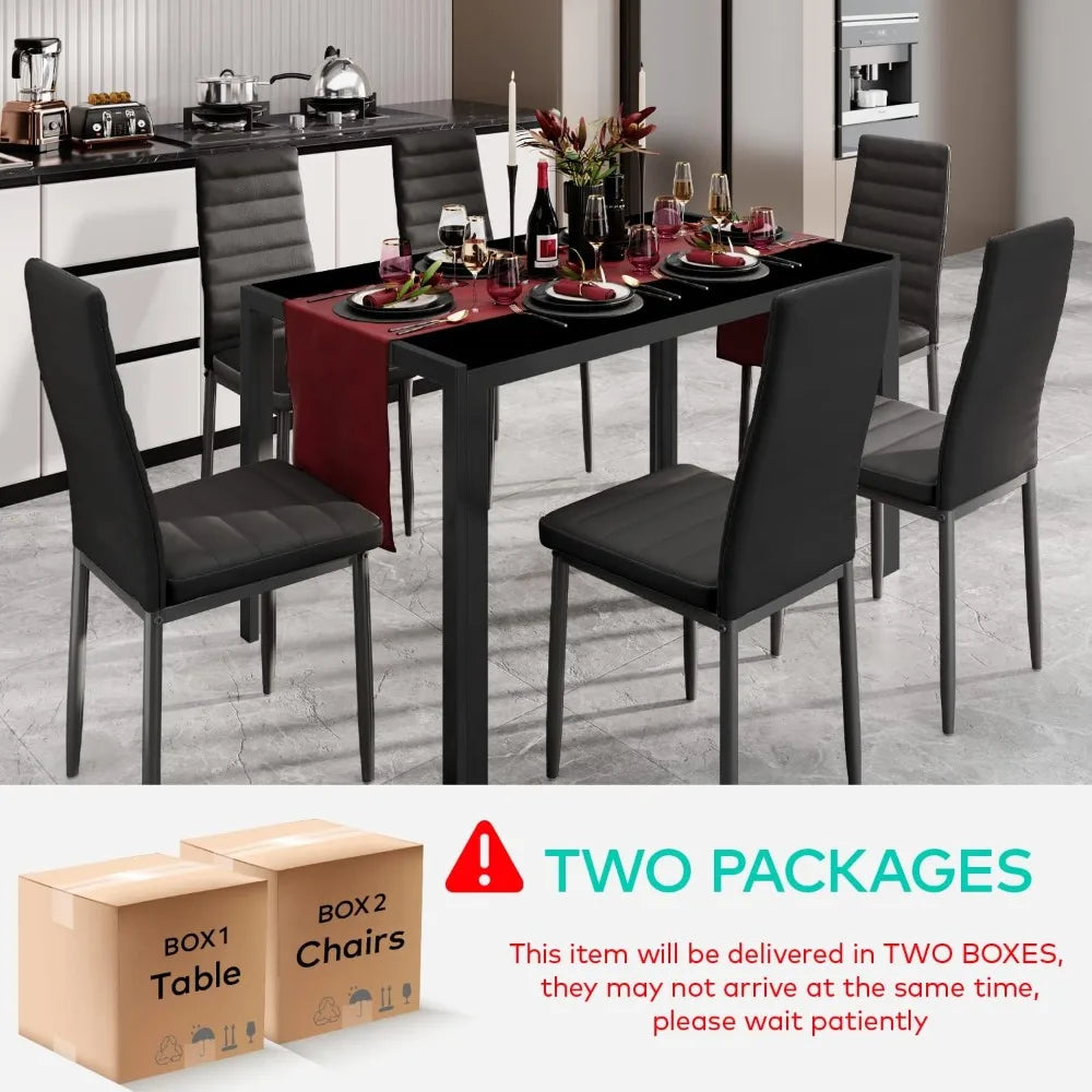 6-Person Glass Dining Table Set – 7-Piece Modern Kitchen Set with PU Leather Chairs