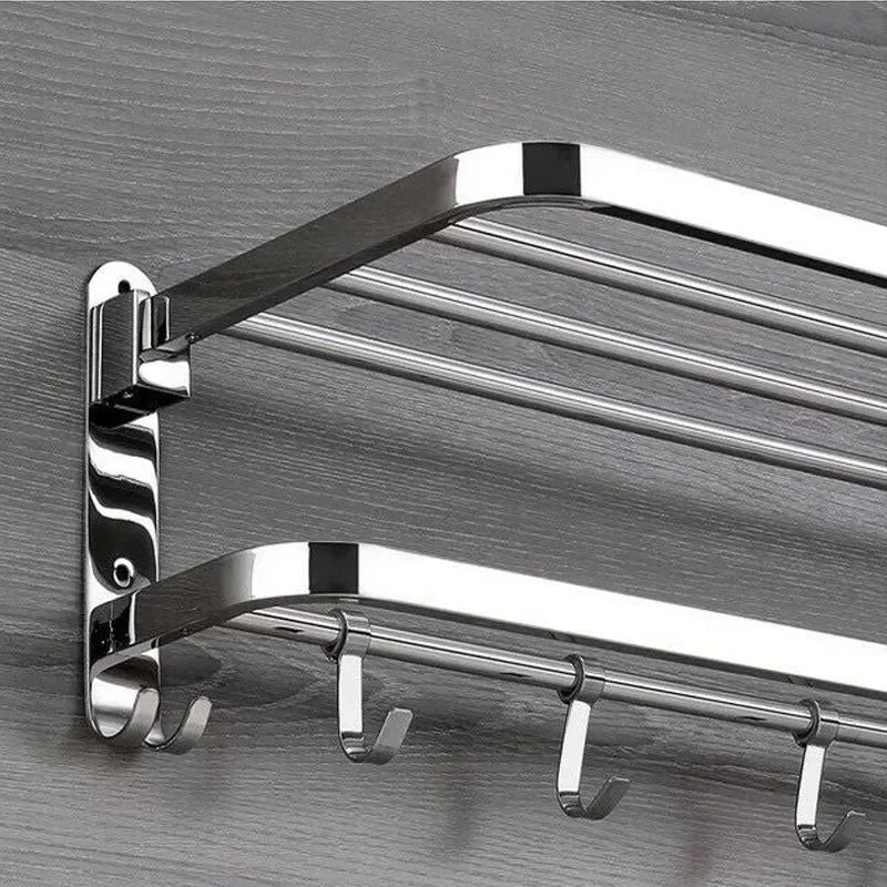 Folding Stainless Steel Bathroom Towel Rack with Hooks – Movable and Polished Storage Shelf