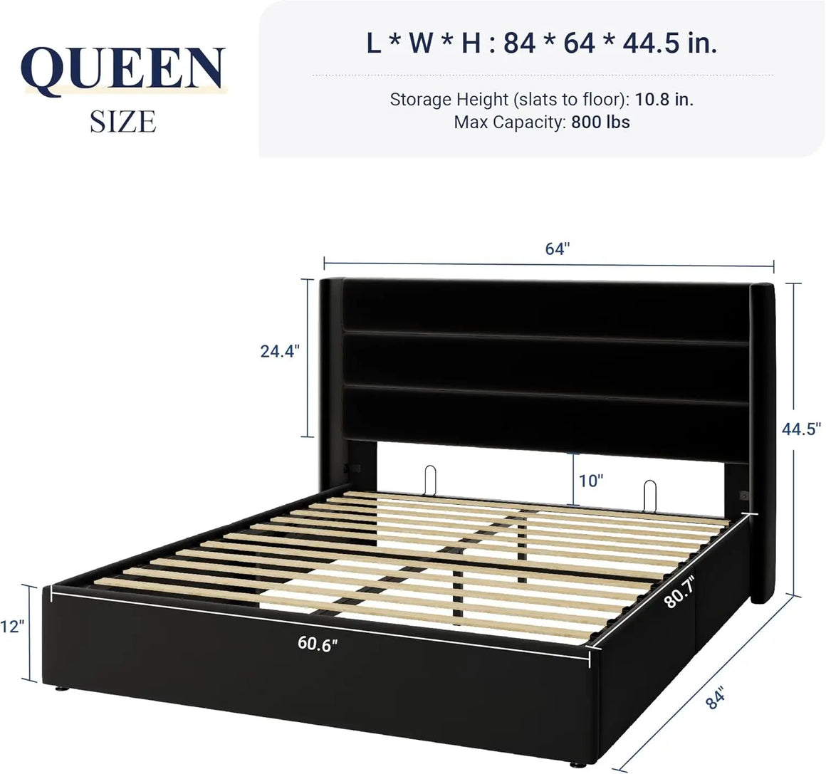 Bed Frame with Type-C Charging Station, LED Lights & Hidden Storage