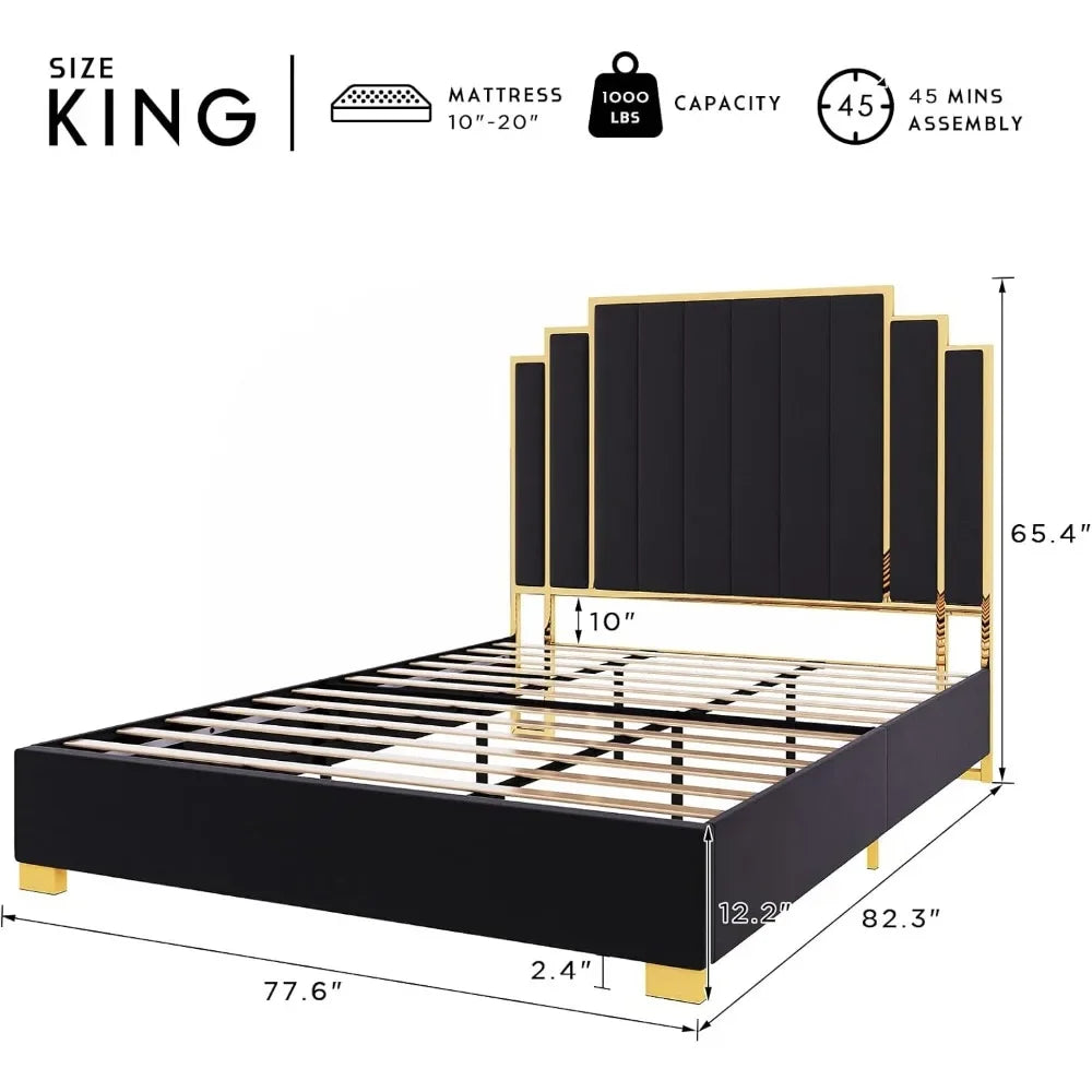 King Size Upholstered Bed Frame – Modern Platform Bed with Golden Trim and Storage