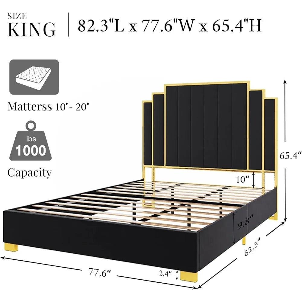 King Size Velvet Platform Bed with Gold Trim Headboard