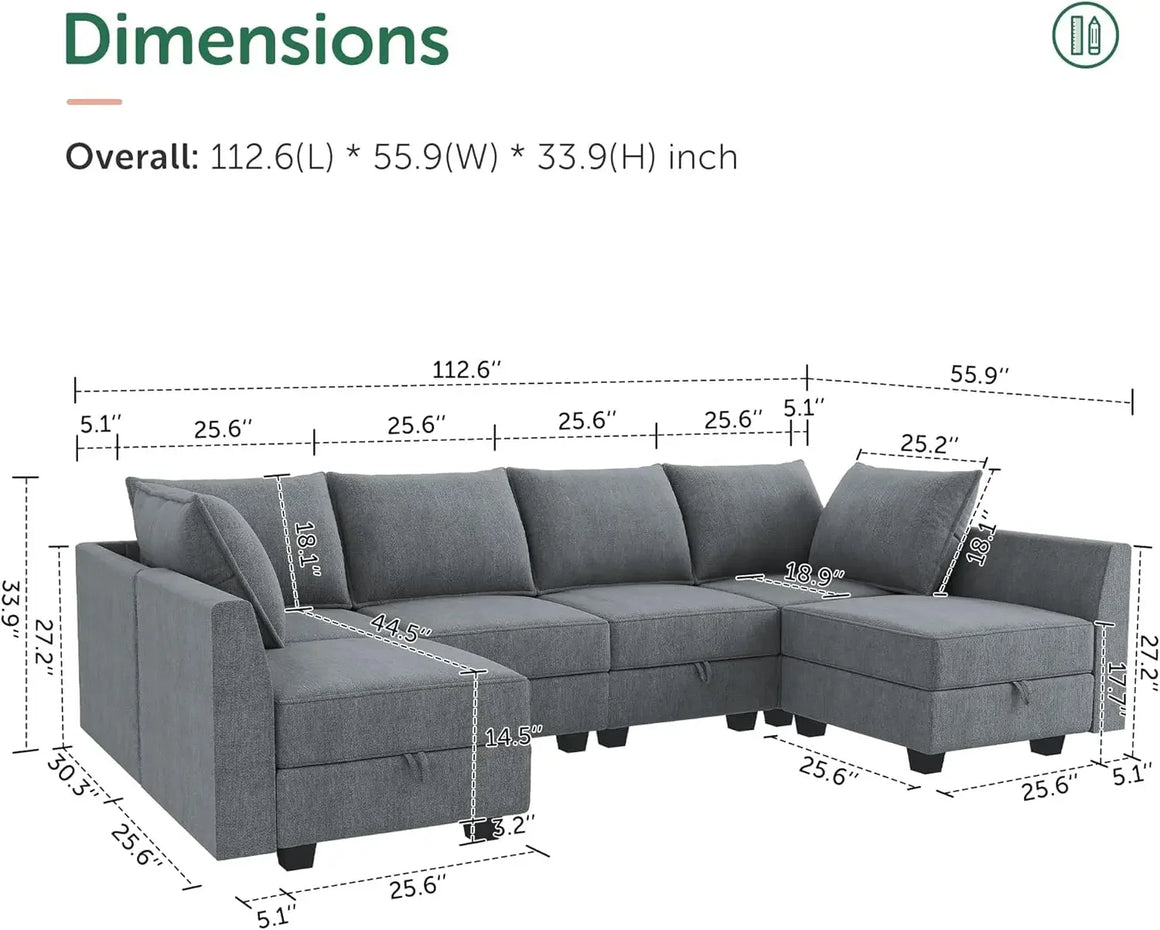 U-Shaped Modular Sectional Sofa with Storage – Bluish Grey