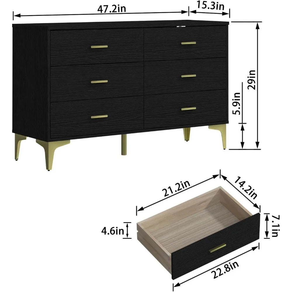 Modern 6-Drawer Wood Dressing Table – Makeup Vanity for Living Room & Entryway