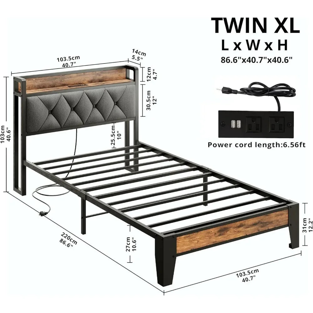 Twin XL Bed Frame with Storage Headboard & Outlets