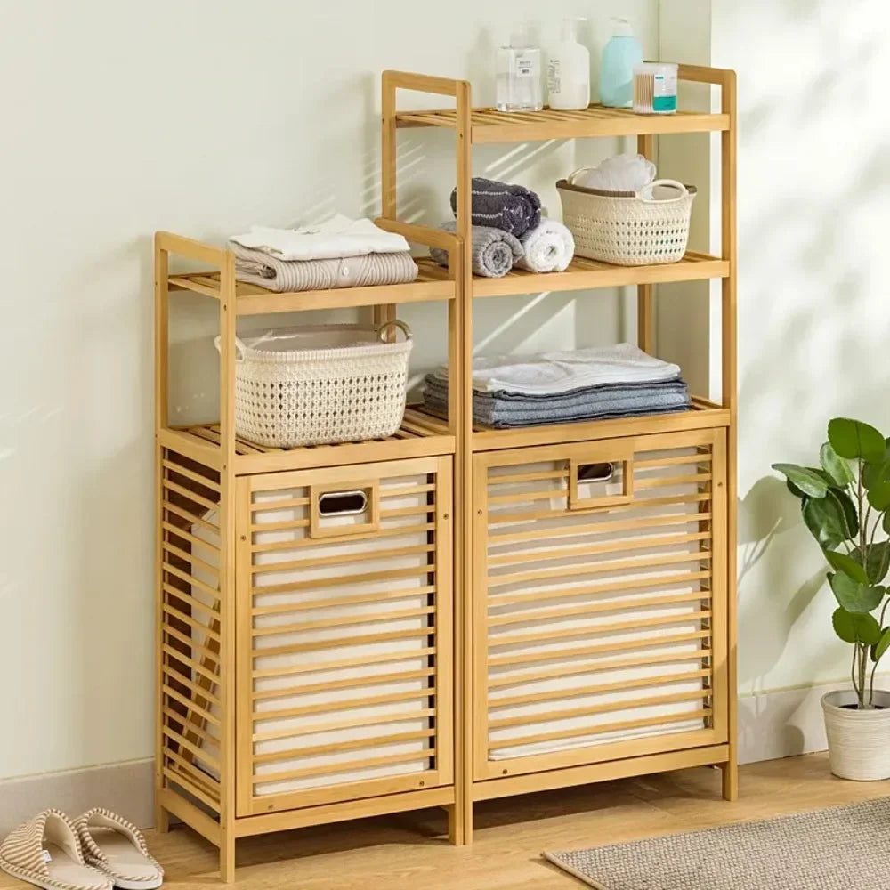 Laundry Hamper with Shelf – 3/4 Tier Wooden Bamboo Storage Basket