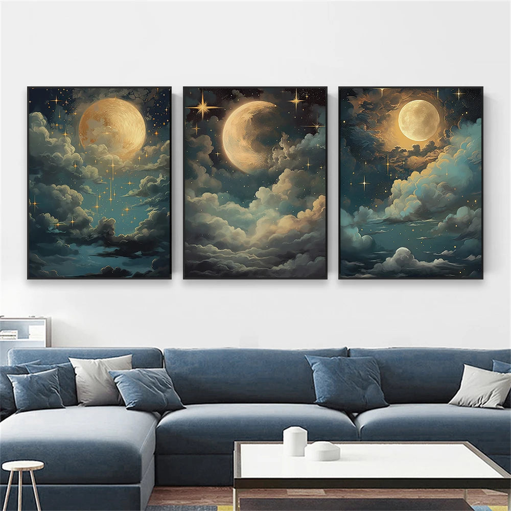 Vintage Moon Oil Painting – Night Sky Canvas Art for Bedroom Decor